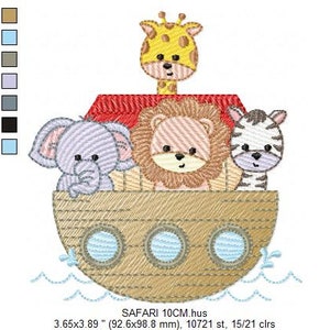 May include: An embroidered design of a brown wooden ark with three animals inside: a purple elephant, a brown lion, and a black and white zebra. A yellow giraffe with a red roof stands on top of the ark. The ark is floating on blue waves.