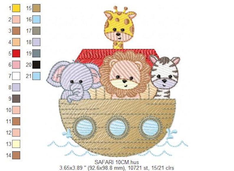 May include: An embroidered design of a brown wooden ark with three animals inside: a purple elephant, a brown lion, and a black and white zebra. A yellow giraffe with a red roof stands on top of the ark. The ark is floating on blue waves.