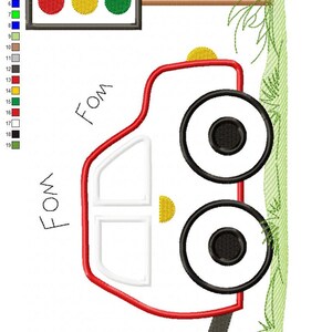 Clean layout with color boxes and stitching path, childlike red car and vertical traffic light, children’s car embroidery design