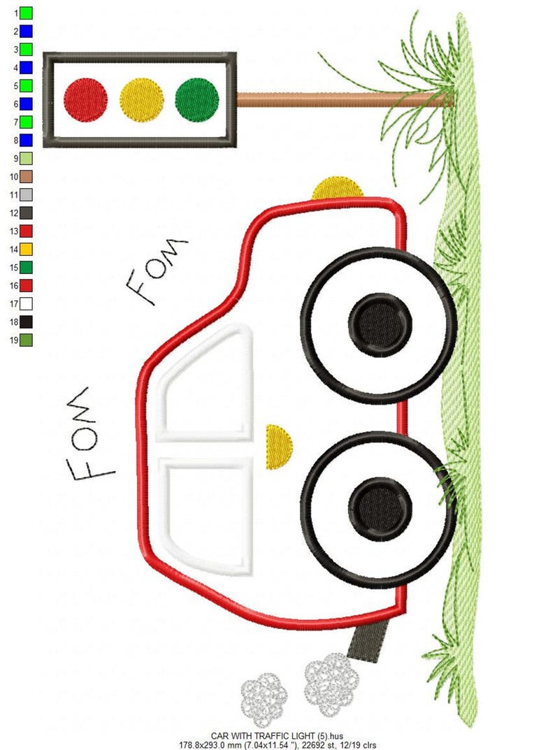 Clean layout with color boxes and stitching path, childlike red car and vertical traffic light, children’s car embroidery design