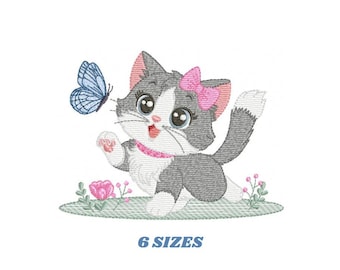 Diseño de bordado de gato - Diseños de bordado de gatito Patrón de bordado a máquina - Gato con flores y mariposas bordadas - Descarga instantánea
