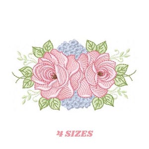 バラの刺繍デザイン - キッチンティータオルの機械刺繍パターン - 赤と青の花のファイル - 即時ダウンロード pes jef dst hus vp3