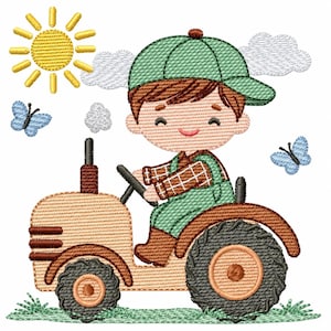 Diseño de bordado de niño granjero con tractor, bordado a máquina con efecto ondulado, 6 tamaños (descarga digital)
