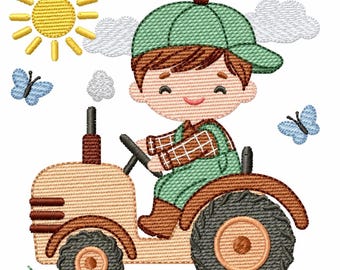 Farmer Boy Tractor Embroidery Design, Rippled Machine Embroidery, 6 Sizes (Digital Download)