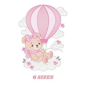 Baby Girl Bear Hot Air Balloon Embroidery Design – Clouds, Butterflies (Digital Download)