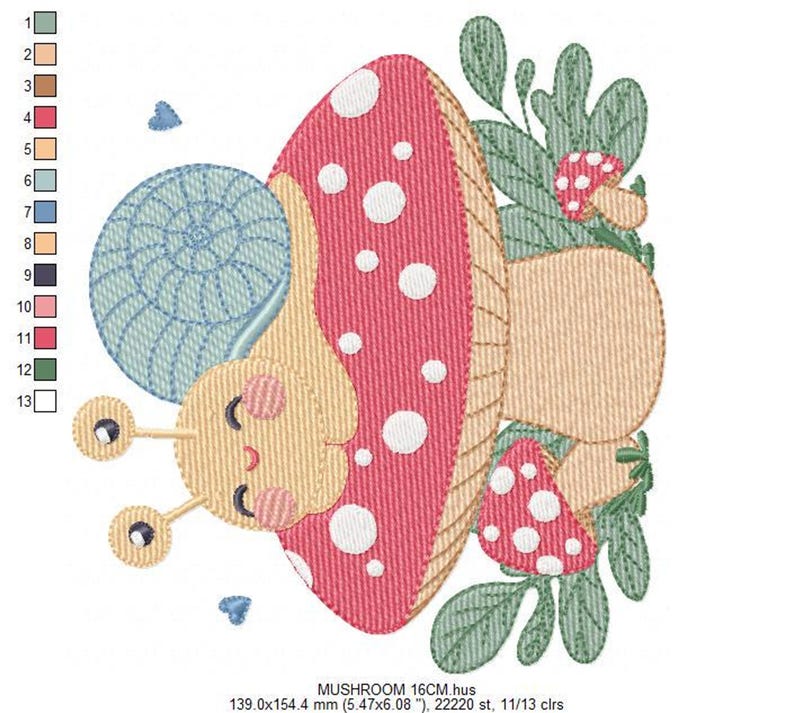 Snail on Mushroom Embroidery Design - Magical Garden File (Instant Download)