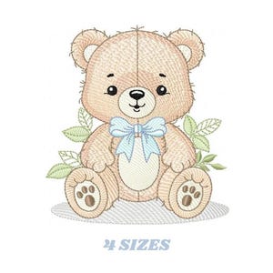 May include: A charming embroidered teddy bear illustration. The bear is light brown with a blue bow, sitting with green leaves around it. The text "4 SIZES" is below the bear.