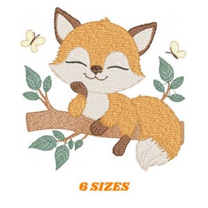 May include: Embroidered design of a cute orange fox sitting on a branch with green leaves and yellow butterflies. The fox is smiling and has a white belly and tail tip.  6 SIZES.