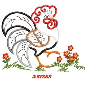 Small full rooster with grass and red flowers, labeled 3 sizes, rooster applique embroidery design