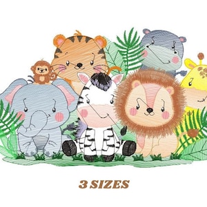 サファリ刺繍デザイン - 動物刺繍デザイン機械刺繍パターン - 象の刺繍ファイル - シマウマ、キリン、ライオン、トラ、カバ