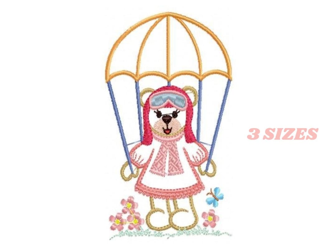 Female Bear With Parachute Embroidery Designs Skydiver Embroidery