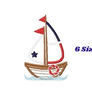 Modello di ricamo con applicazione a forma di barca a vela, barca nautica, design per cameretta bambini, file digitale