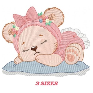 Sleeping Bear with pajamas embroidery designs - Baby Girl Bear with flowers machine embroidery pattern - Instant digital download pes jef