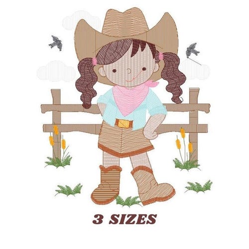 Stickmuster „Cowgirl“, Western-Stil mit Wellenmuster, Sofort-Download, 3 Größen enthalten