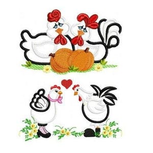 Chicken embroidery designs - Rooster and chicken applique machine embroidery - Kitchen towel file - Farm hen pattern - Instant download pes