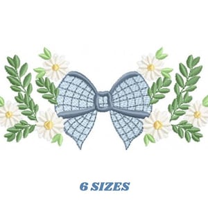 May include: An embroidered design featuring a light blue bow with a grid pattern, surrounded by white daisies and green leaves. The text "6 SIZES" is below the design. The design is on a white background.