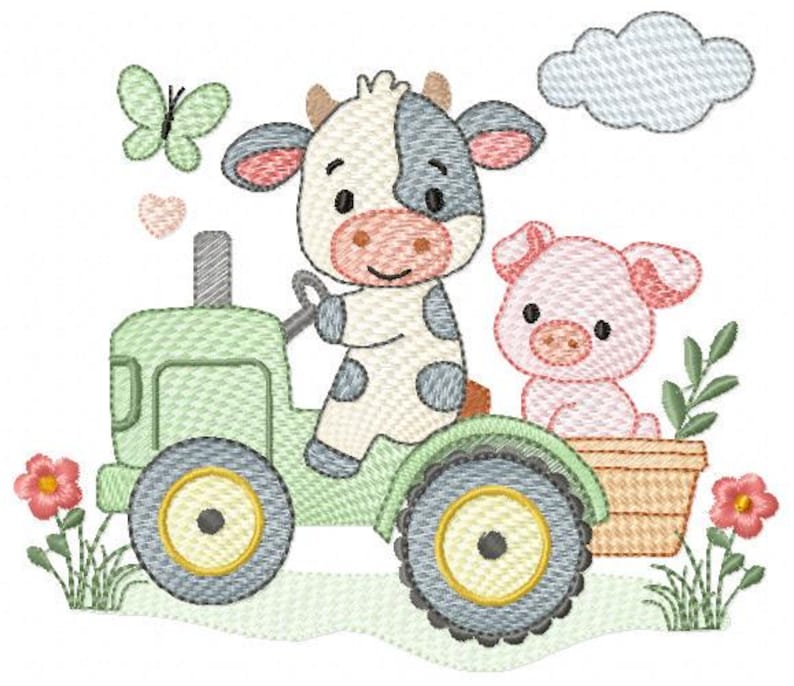 K&ouml;nnte beinhalten: Gesticktes Design mit einer Kuh, die einen gr&uuml;nen Traktor f&auml;hrt, mit einem Schwein in einem Korb. Ein hellgr&uuml;ner Schmetterling, ein rosa Herz, Blumen und eine Wolke sind ebenfalls enthalten. Das Bild hat ein Bauernhof-Thema.