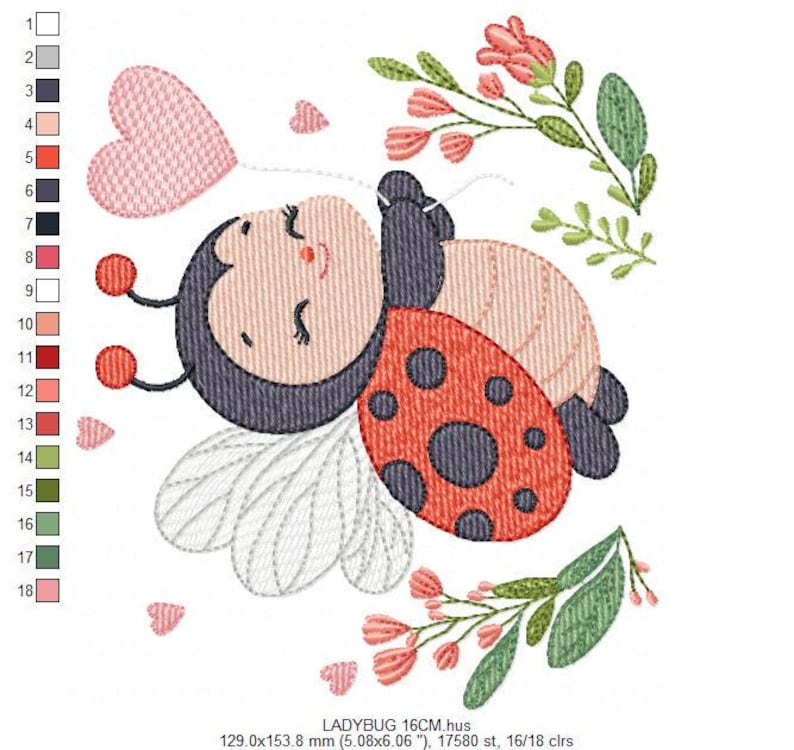 May include: An embroidered design featuring a smiling ladybug with a red and black shell, pink hearts, and floral accents. The ladybug has a grey head and antennae with red tips. The design includes white wings and is set against a white background.