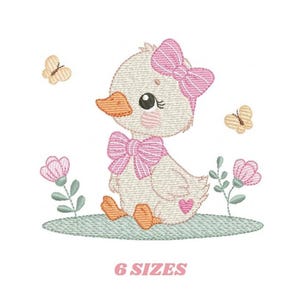 Stickmuster „Baby-Mädchen-Ente“ – Spitzenschleife, Maschinenstickmuster (Digitaler Download)