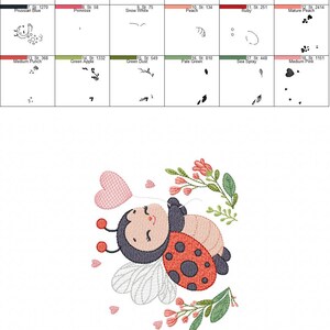 May include: An embroidered design of a cartoon ladybug with a red shell and black spots, surrounded by pink hearts and floral elements. The ladybug is lying down with its eyes closed. Ideal for embroidery projects.