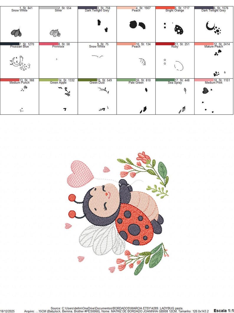 May include: An embroidered design of a cartoon ladybug with a red shell and black spots, surrounded by pink hearts and floral elements. The ladybug is lying down with its eyes closed. Ideal for embroidery projects.