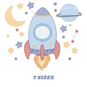May include: A blue and red rocket ship with a yellow flame, surrounded by a crescent moon, a blue planet, and yellow and red stars. The text "7 SIZES" is below the rocket.