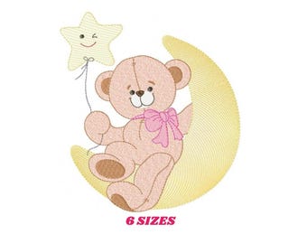 Teddy Bear on Moon Embroidery Design – Stitched Bear Pattern (Digital Download)
