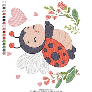 May include: An embroidered design of a smiling ladybug holding a pink heart balloon, surrounded by small hearts and floral accents. The ladybug has a red shell with black spots, and the design includes the text "LADYBUG 22CM hus". The design is 179.0x213.4 mm.