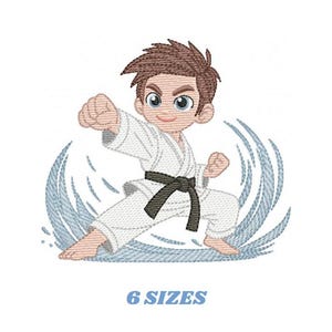 May include: An embroidered design of a cartoon karate kid in a white gi with a black belt, in a fighting stance. The image includes blue swirling lines and the text "6 SIZES" in light blue.