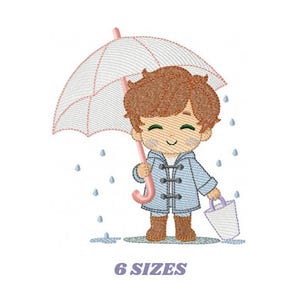 以下が含まれることがあります： ピンクの傘と青いバケツを持った子供が雨の中で立っている刺繍のデザイン。デザインは6サイズ展開です。