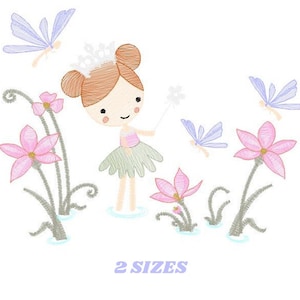 Broderimönster för älvor - Broderimönster för babyflicka - Maskinbroderimönster - Fantasi Pixie med blommor - direktnedladdning