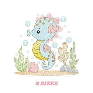May include: Embroidered design of a blue and yellow seahorse with pink accents, surrounded by bubbles, seaweed, and a seashell. The design is available in five sizes.