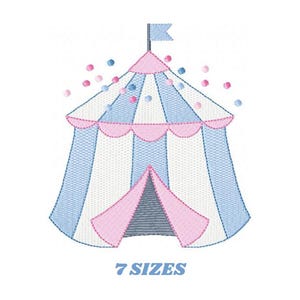 May include: A blue and white striped circus tent with a pink flap and a pink roof. The tent has a small blue flag on top and is surrounded by pink and blue confetti.