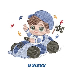 F1カーの刺繍デザインを持つ男の子 - 幼児用ミシン刺繍パターン - 帽子をかぶった男の子 - インスタントデジタルダウンロードpes jef dst