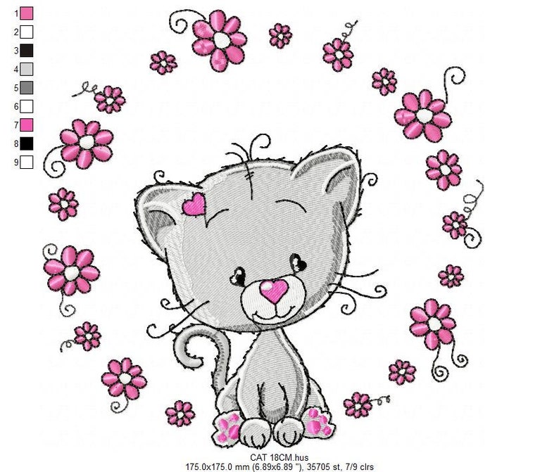 Cat Embroidery Design Cat With Flowers Embroidery Designs Etsy Australia