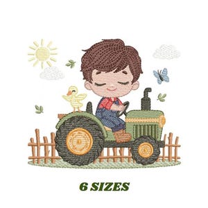 Diseño de bordado de niño granjero con tractor – Archivo de bordado a máquina (descarga instantánea)