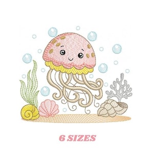 Jellyfish embroidery design - Octopus machine pattern - Ocean Sea animal with shells algae and bubbles file - Instant digital download pes