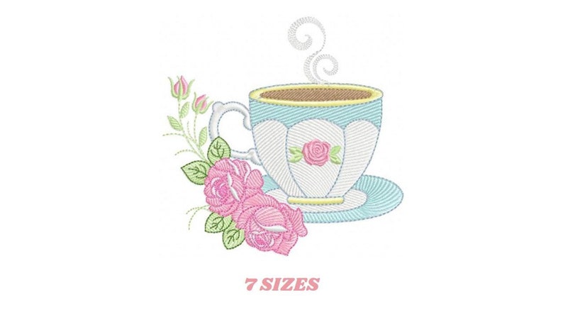 May include: Embroidered design of a teacup and saucer with a steaming cup of tea and a bouquet of pink roses. The teacup is blue and white with a floral design. The saucer is blue with a white rim. The roses are pink with green leaves.