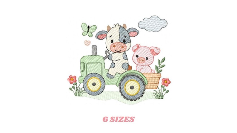 Stickmuster: Kuh und Schwein auf Traktor – Bauernhoftier-Motiv (Digitaler Download) Bild 1