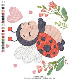 May include: An embroidered design featuring a cartoon ladybug with a red and black shell, a smiling face, and a pink heart-shaped balloon. Floral accents and small pink hearts are also included on a white background.