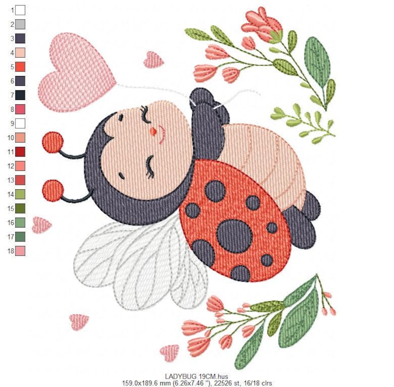 May include: An embroidered design featuring a cartoon ladybug with a red and black shell, a smiling face, and a pink heart-shaped balloon. Floral accents and small pink hearts are also included on a white background.