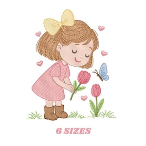 Baby girl embroidery designs - Girl with flowers and butterflies machine embroidery pattern - Princess embroidery - Instant digital download