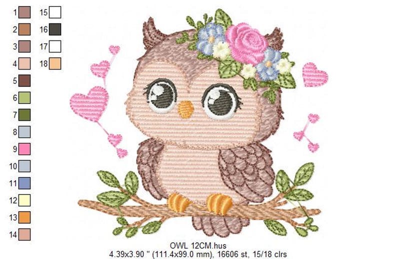 Floral Owl Machine Embroidery Design - RIPPLED, 6 Sizes (Instant Download)