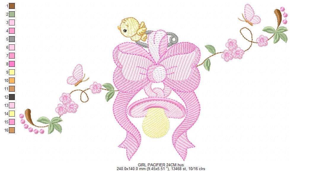 Baby Girl Pink Ribbon and Pacifier Embroidery Designs - Newborn Toy ...