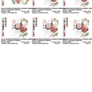 May include: Embroidery designs of a cartoon ladybug with a heart and floral details. Sizes vary, starting at 118.2 x 99.0 mm. The largest design is 179.0 x 213.4 mm.