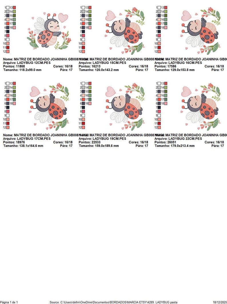 May include: Embroidery designs of a cartoon ladybug with a heart and floral details. Sizes vary, starting at 118.2 x 99.0 mm. The largest design is 179.0 x 213.4 mm.