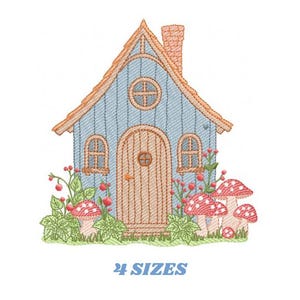May include: Embroidered image of a whimsical blue cottage with a brown door, windows, and roof. Red and white mushroom illustrations and berry bushes surround the cottage. The text "4 SIZES" is at the bottom.