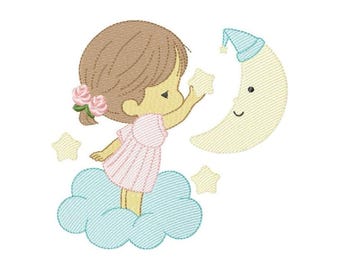 Angel Girl Moon Embroidery Design – Dreamy Cloud Stars Machine Pattern (Digital Download)