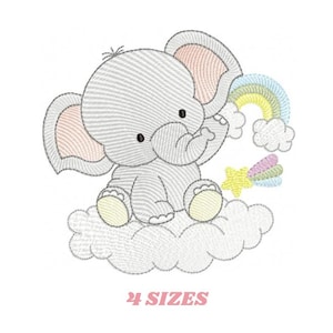 May include: An embroidered design of a gray elephant sitting on a cloud, with a rainbow and star. The elephant has large ears with pink accents. The text "4 SIZES" is below the image.