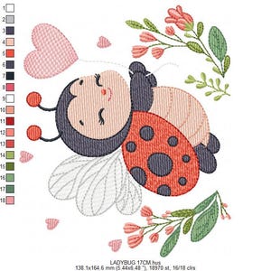 May include: An embroidered design of a cartoon ladybug with a smiling face, red and black spotted wings, and a pink heart. The design includes pink flowers and green leaves. The text "LADYBUG 17CM.hus" is at the bottom.